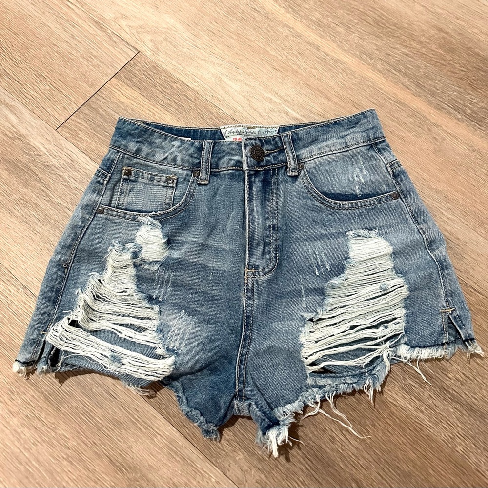 Light-Wash Distressed Denim Shorts